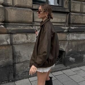 Brown Leather Bomber Jacket